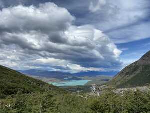 Blue lake through valley