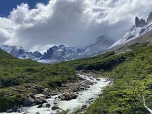 River through valley with snowy mountains behind