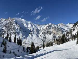 Ski slope in front of mountain