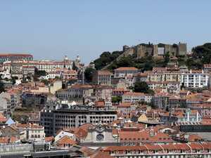 City with red roofs and castle overlooking
