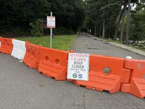 Orange barrier across forested road indicating road closure