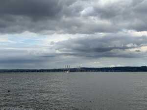 Bridge in distance across river