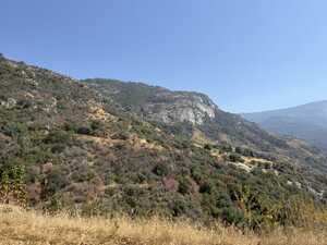 Hills with rock outcropping and yellow grass and trees