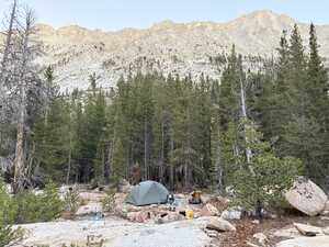 Tent in front of forest with mountains behind