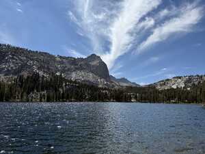 Lake with mountains in background