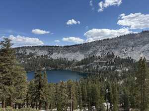 Lake nestled in trees and mountains