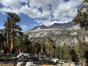 Mountain range in distance above forest with clouds above