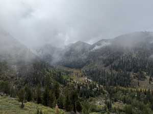 Foggy hills with road in valley