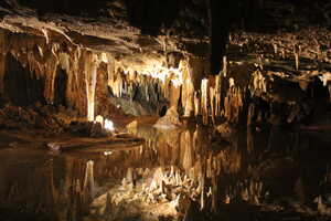 Lake inside a cave mirroring rock formation on roof