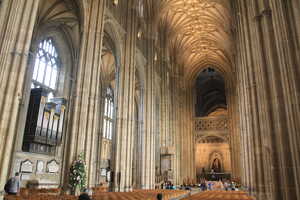 Interior of cathedral with towering stone columns