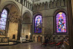 Stone chapel with elaborate stained glass