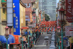 Street with lanterns and Chinese signs