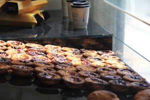 Egg tart desserts in a display case