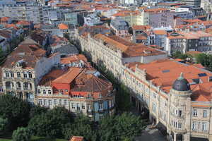Looking down on tree-lined street with tan buildings and red roofs
