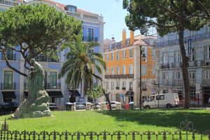 Grassy square with trees and statue