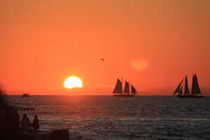 Orange sunset over ocean with silhouette of sailboats