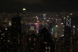 City skyline with river at night seen from above