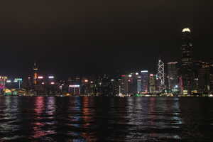 Skyline at night across water