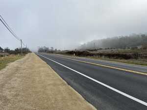 A road with a small, foggy field on the right