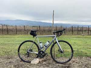 Bicycle resting against a stick in front of vineyard