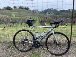 Bicycle in front of fence and vineyard