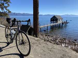 Bicycle in front of Lake Tahoe, angled view