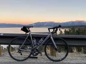 Bicycle in front of Lake Tahoe, with sun setting
