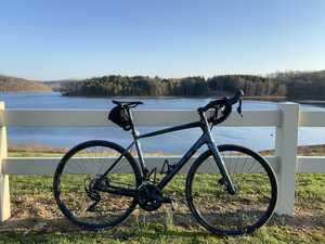 Bike in front of reservoir
