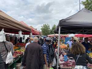 Crowded stalls in a market