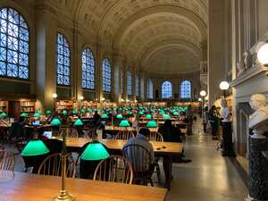 Reading room with green lamps
