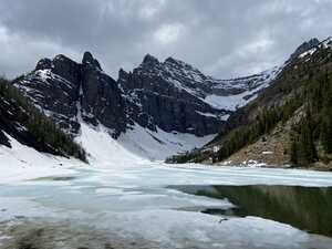 Frozen lake surrounded by mountains