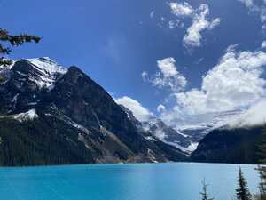 Blue lake in front of mountains