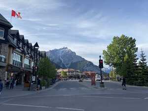 Street in small town with mountain in the background