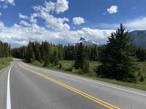 Highway in front of forest with peak in background