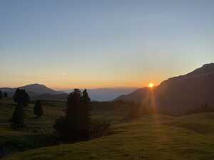 Sunset over a mountain viewed from a field with sparse trees