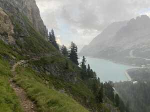 Mountainside trail in rain