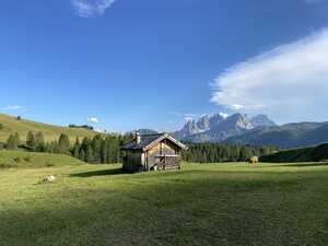 Wooden hut in field with mountain in distance