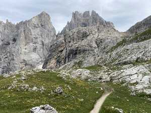 Trail through grass with mountains behind