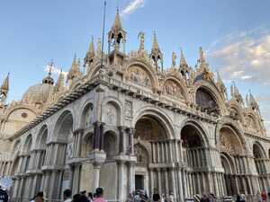 Exterior of ornate basilica, taken from a corner angle