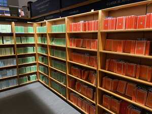 Bookshelf with green and red books