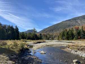 Wide stream in clearing with trees and hills behind