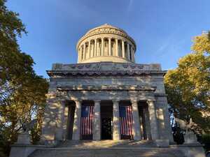 Memorial building with American flags